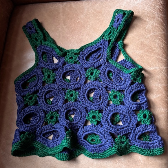Vintage Tops - Handmade Blue & Green Crochet knit crop top floral